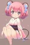 absurdres animal_ears bangs bare_legs barefoot blue_ribbon blush brown_background cherry_blossoms closed_mouth eyebrows eyelashes flower hair_between_eyes hair_ornament hair_ribbon hairclip highres japanese_clothes kimono kogen legs_together long_sleeves looking_at_viewer mouse_ears mouse_girl mouse_tail obi petals pink_kimono ribbon sash short_hair short_kimono short_twintails show_by_rock!! sitting smile solo sparkle tail tail_ribbon tareme twintails un_(show_by_rock!!) 