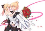  :d absurdres ahoge artoria_pendragon_(all) bangs bare_shoulders black_bow black_pants blonde_hair blurry blush bouquet bow braid breast_pocket breasts carrying choker cleavage cowboy_shot depth_of_field dress eyebrows_visible_through_hair fang fate/apocrypha fate_(series) flower formal french_braid full_body gem gloves green_eyes hair_between_eyes hair_bow hand_on_another's_shoulder highres incest looking_at_viewer mackintosh_rose mordred_(fate) mordred_(fate)_(all) mother_and_daughter multiple_girls open_mouth pants petals pink_ribbon pocket ponytail princess_carry red_flower red_rose ribbon rose rose_petals saber_lily shiny shiny_hair short_hair simple_background small_breasts smile standing strapless strapless_dress suit thighhighs wedding_dress white_background white_choker white_dress white_footwear white_gloves white_legwear wife_and_wife yorukun yuri 