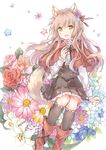  :d animal_ears bangs black_legwear blonde_hair blush boots capelet daisy dress eyebrows_visible_through_hair fang floral_background flower flower_request forget-me-not_(flower) frilled_dress frills hair_flower hair_ornament hair_ribbon holding holding_flower kneehighs lily_(flower) long_hair long_sleeves looking_at_viewer open_mouth original petals pink_flower pink_rose red_flower red_rose ribbon rose sitting smile solo tail wataame27 wolf_ears wolf_tail yellow_eyes 