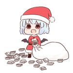  :d bangs batta_(ijigen_debris) black_legwear blue_hair blush_stickers chibi commentary dress fang food fur_trim hat holding nattou open_mouth red_dress red_eyes red_hat remilia_scarlet sack santa_costume santa_hat short_hair simple_background smile solo thighhighs touhou white_background wings 