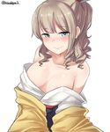  absurdres areola_slip areolae bare_shoulders blue_eyes blush breasts brown_hair closed_mouth collarbone covered_nipples curly_hair drill_hair eyebrows_visible_through_hair hatakaze_(kantai_collection) highres japanese_clothes kantai_collection kimono kiritto light_brown_hair looking_at_viewer medium_breasts meiji_schoolgirl_uniform no_bra off_shoulder seductive_smile short_hair simple_background smile solo twitter_username upper_body white_background white_kimono yellow_kimono 