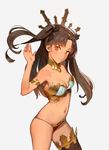  absurdres armlet armpits bangs bare_shoulders black_bow bow bra breasts brown_hair cleavage closed_mouth commentary_request contrapposto cowboy_shot crown detached_collar eyebrows_visible_through_hair fate/grand_order fate_(series) fingernails grey_background hair_bow hand_up highres ishtar_(fate/grand_order) long_hair looking_at_viewer medium_breasts navel orange_eyes panties parted_bangs simple_background single_thighhigh sketch smile solo standing thighhighs tim_loechner two_side_up underwear 