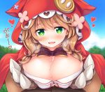 1girl blurry blurry_background blush braid breasts brown_hair buttons cleavage cloak commentary_request cum cum_on_body cum_on_breasts cum_on_upper_body flower green_eyes heart hood hooded_cloak large_breasts looking_at_viewer medium_hair nijisanji open_mouth paizuri ribbon solo_focus uni8 virtual_youtuber warabeda_meijii wolf_paws 