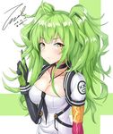  ahoge arm_up asymmetrical_gloves bangs black_gloves blush breasts choker cleavage closed_mouth collarbone dated elbow_gloves eyebrows_visible_through_hair girls_frontline gloves green_hair hair_between_eyes hand_in_hair jewelry long_hair looking_at_viewer m950a_(girls_frontline) medium_breasts messy_hair necklace necktie playing_with_hair sidelocks signature simple_background solo twintails twitter_username two_side_up unel yellow_eyes 