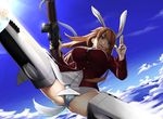  animal_ears asashin_(kazami-tomo) ass blue_eyes blue_sky breasts brown_hair bunny_ears cameltoe charlotte_e_yeager cloud day groin_tendon gun large_breasts long_hair m1918_bar machine_gun panties sky solo spread_legs strike_witches striker_unit tail thighs underwear weapon white_panties world_witches_series 