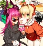  92m ahoge alternate_costume blonde_hair blue_eyes cafe casual cellphone coffee_cup commentary_request cup disposable_cup double-breasted dragon_horns elizabeth_bathory_(fate) elizabeth_bathory_(fate)_(all) fashion fate/grand_order fate_(series) fine_fabric_emphasis food green_eyes hair_bun hair_intakes hair_ribbon holding holding_cellphone holding_phone horns long_hair multiple_girls nero_claudius_(fate) nero_claudius_(fate)_(all) pasta phone pink_hair ribbon scarf smartphone smartphone_case spaghetti sunglasses 