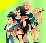  arm_strap armor bald belt black_eyes black_hair boots crossed_arms dragon_ball dragon_ball_z facial_hair frown gloves green_background hand_on_hip hand_on_own_head height_difference katori_(katokichi) knee_boots long_hair looking_away male_focus multiple_boys mustache nappa raditz serious smile spiked_hair tail thigh_strap twitter_username vegeta very_long_hair white_background 