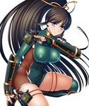  aqua_eyes arm_guards bangs bow bowtie breasts brown_hair commentary_request covered_nipples fingerless_gloves fishnets gloves green_legwear highres holding holster large_breasts long_hair looking_at_viewer ninja official_art one_knee ponytail puffy_nipples sandals serious shuriken simple_background solo taimanin_(series) taimanin_asagi_kessen_arena thigh_holster tied_hair turtleneck weapon white_background zol 