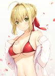  6u_(eternal_land) bangs bikini_top blonde_hair blush bow braid breasts collarbone commentary eyebrows_visible_through_hair fate/extra fate_(series) french_braid gradient gradient_background green_eyes hair_bow hair_bun hand_on_own_chest jacket long_sleeves looking_at_viewer medium_breasts navel nero_claudius_(fate) nero_claudius_(fate)_(all) off_shoulder open_clothes open_jacket petals red_bikini_top signature simple_background smile solo tied_hair upper_body 