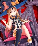  abigail_williams_(fate/grand_order) armchair asymmetrical_legwear bangs black_bow black_footwear black_hat black_legwear black_panties blonde_hair blush bow breasts chair check_commentary closed_mouth commentary commentary_request eyebrows_visible_through_hair fate/grand_order fate_(series) hat highres kana616 keyhole long_hair looking_at_viewer navel orange_bow panties parted_bangs polka_dot polka_dot_bow red_eyes shoes single_thighhigh sitting skindentation small_breasts smile solo stuffed_animal stuffed_toy suction_cups teddy_bear tentacles thighhighs topless underwear underwear_only very_long_hair witch_hat 