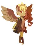  blonde_hair boots brown_theme clothing coat ear_piercing feathered_wings feathers female footwear hair half_shaved_head humanoid legwear piercing pikokko pointy_ears red_eyes red_hair shirt short_hair shorts smile stockings winged_humanoid wings 