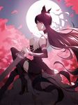  bare_shoulders black_hair blake_belladonna boots broken_moon cherry_blossoms flat_chest full_body full_moon gambol_shroud high_heel_boots high_heels long_hair looking_at_viewer moon rwby solo sword thigh_boots thighhighs weapon zane_(759072704) 