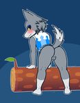  2017 aliasing animal_crossing anthro bent_over black_nose blue_background blush bottomless butt canine clothed clothing crossgender dakkpasserida digital_media_(artwork) fang_(animal_crossing) female fur grey_fur log looking_at_viewer looking_back mammal multicolored_fur nintendo partially_clothed presenting presenting_pussy pussy pussy_juice raised_tail simple_background solo sweater video_games white_fur wolf wood yellow_eyes 