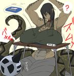  abs animal_humanoid big_breasts breast_rest breasts brown_skin clothing desk duo empty_eyes female glalie green_scales hair huge_breasts humanoid hutago hyper hyper_breasts japanese_text lamia markings muscular muscular_female nintendo nipple_bulge pointy_ears pok&eacute;mon pok&eacute;mon_(species) reptile scales scalie shirt short_hair snake solo_focus tank_top text translation_request video_games white_eyes 