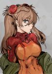  bangs blue_eyes bodysuit breasts brown_hair cigarette closed_mouth covered_navel evangelion:_2.0_you_can_(not)_advance expressionless eyebrows_visible_through_hair green_jacket grey_background hair_between_eyes hairpods headgear highres hiranko jacket large_breasts long_hair looking_at_viewer mouth_hold multicolored multicolored_bodysuit multicolored_clothes neon_genesis_evangelion off_shoulder open_clothes open_jacket orange_bodysuit pilot_suit plugsuit profile rebuild_of_evangelion red_bodysuit see-through shikinami_asuka_langley simple_background sketch smoking solo souryuu_asuka_langley test_plugsuit turtleneck two_side_up upper_body 