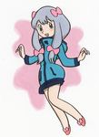  bangs blue_eyes blue_jacket blush bow commentary_request eromanga_sensei full_body hair_between_eyes hair_bow hair_ornament highres hood hooded_jacket izumi_sagiri jacket long_hair long_sleeves looking_at_viewer low-tied_long_hair open_mouth outstretched_hand parody pink_footwear shoe_bow shoes sidelocks silver_hair simple_background smile solo style_parody tanaka_keiichi tezuka_osamu_(style) 
