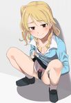  black_panties blonde_hair breasts cardigan earrings gyaru haruichi idolmaster idolmaster_cinderella_girls idolmaster_cinderella_girls_starlight_stage jewelry kogal morikubo_nono necklace one_side_up panties skirt skirt_lift small_breasts smile socks squatting underwear 