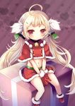  ahoge azur_lane bell blonde_hair box capelet christmas commentary_request eldridge_(azur_lane) gift gift_box gloves hair_ornament hairclip light_brown_hair long_hair looking_at_viewer navel orange_eyes parted_lips red_capelet red_gloves santa_costume sitting solo twintails v_arms yukiyuki_441 