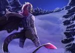  anthro butt butt_pose clothed clothing detailed_background digital_media_(artwork) dragon hair invalid_color lycangel night outside red_hair sky snow solo star starry_sky 