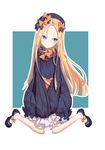  abigail_williams_(fate/grand_order) absurdres bangs black_bow black_dress black_footwear black_hat blonde_hair bloomers blue_background blue_eyes blush bow bug butterfly closed_mouth commentary_request dress duzi_teng fate/grand_order fate_(series) forehead full_body hair_bow hat head_tilt highres insect long_hair long_sleeves looking_to_the_side mary_janes orange_bow parted_bangs polka_dot polka_dot_bow shoes sitting sleeves_past_fingers sleeves_past_wrists solo stuffed_animal stuffed_toy teddy_bear two-tone_background underwear v-shaped_eyebrows very_long_hair wariza white_background white_bloomers 