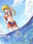  blonde_hair blue_eyes breasts chrono_cross commentary_request jewelry kid_(chrono_cross) long_hair midriff multi-tied_hair navel necklace panties ponytail skirt solo soushuu underwear vest 