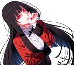  black_hair black_ribbon breasts dress_shirt floating_hair gloves highres hime_cut jabami_yumeko jacket jewelry jpeg_artifacts kakegurui large_breasts lips long_hair looking_at_viewer nail_polish naomura_tooru neck_ribbon red_eyes red_jacket red_nails ribbon ring school_uniform shirt simple_background solo standing thumb_ring very_long_hair white_background white_shirt 