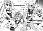  ahoge bare_legs commentary_request flower gloom_(expression) greyscale hair_flower hair_ornament hair_ribbon hibiscus i-168_(kantai_collection) i-19_(kantai_collection) i-58_(kantai_collection) kantai_collection long_hair monochrome multiple_girls neckerchief nonodera_minku open_mouth ponytail ribbon ro-500_(kantai_collection) school_swimsuit school_uniform serafuku short_hair smile swimsuit tan tears translation_request twintails what you_gonna_get_raped 