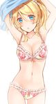  :o arms_up ayase_eli blonde_hair blue_eyes blush bra breasts cleavage floral_print lace lace-trimmed_bra lace-trimmed_panties large_breasts long_hair looking_at_viewer love_live! love_live!_school_idol_project midriff mogu_(au1127) navel panties ponytail solo underwear undressing 