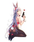  animal_ears ass bow bowtie bunny_ears bunny_tail bunnysuit detached_collar from_behind green_eyes gun heart leotard looking_at_viewer looking_back original pantyhose parnasso red_leotard red_neckwear silver_hair simple_background solo strapless strapless_leotard tail weapon white_background wrist_cuffs 