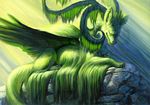  ambiguous_gender detailed_background dragon eyes_closed feathered_wings feathers feral fur green_feathers green_fur hair hibbary long_hair moss rock traditional_media_(artwork) wings 