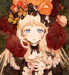  absurdres bangs black_dress blonde_hair blue_eyes blush bonnet bug butterfly copyright_request detached_collar dress flower frilled_dress frills gem hair_flower hair_ornament highres insect long_hair long_sleeves looking_at_viewer parted_lips red_flower red_rose rose rosette_(yankaixuan) solo upper_body 