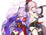  bare_shoulders blue_eyes breasts cosplay detached_sleeves elbow_gloves fate/grand_order fate_(series) gloves granblue_fantasy hair_ornament hair_over_one_eye hong_(white_spider) horns katana large_breasts lavender_hair long_hair miyamoto_musashi_(fate/grand_order) miyamoto_musashi_(fate/grand_order)_(cosplay) multiple_girls narmaya_(granblue_fantasy) narmaya_(granblue_fantasy)_(cosplay) navel pink_hair ponytail smile sword thigh_strap thighhighs weapon 
