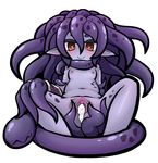  1girl censored cum cum_in_pussy female heart_censor monster_girl nipples nude original pointy_ears pussy red_eyes simple_background small_breasts solo spread_legs spread_pussy tentacle tentacle_hair tunberuku white_background 