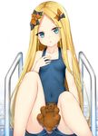  :o abigail_williams_(fate/grand_order) alternate_costume bangs bare_arms bare_shoulders black_bow blonde_hair blue_eyes bow breasts chixiao collarbone commentary_request covered_navel eyebrows_visible_through_hair fate/grand_order fate_(series) forehead hair_bow hand_on_own_chest hand_up head_tilt highres long_hair looking_at_viewer one-piece_swimsuit orange_bow parted_bangs parted_lips poolside school_swimsuit sitting small_breasts solo stuffed_animal stuffed_toy swimsuit teddy_bear tile_floor tiles very_long_hair wet white_background 