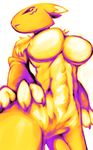  1girl abs animal_ears black_sclera breasts claws detached_sleeves digimon female furry hand_on_hip highres large_breasts monochrome navel no_humans no_nipples no_pussy nude renamon simple_background solo sya_(sya_furry) white_background 