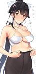  &gt;:( armpits azur_lane bangs bare_arms bare_shoulders bikini_top black_hair black_legwear blunt_bangs blush breasts brown_eyes closed_mouth collarbone criss-cross_halter crotch_seam embarrassed frown hair_ribbon halterneck high_ponytail large_breasts long_hair mibu_natsuki navel nose_blush pantyhose ponytail ribbon shiny shiny_hair simple_background skindentation solo stomach sweat takao_(azur_lane) tearing_up tears translated underboob underboob_cutout v-shaped_eyebrows very_long_hair white_background white_bikini_top white_ribbon 