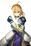  ahoge armor armored_dress artoria_pendragon_(all) blonde_hair blue_dress blue_ribbon character_name copyright_name dress excalibur fate/zero fate_(series) floating_hair gauntlets green_eyes hair_between_eyes hair_ribbon highres holding holding_sword holding_weapon looking_at_viewer mizu_(dl7613) ribbon saber short_hair simple_background smile solo sword weapon white_background 