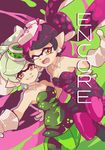  2girls ankle_boots aori_(splatoon) arm_around_waist black_dress black_footwear black_hair black_jumpsuit boots brown_eyes commentary cousins cover cover_page detached_collar domino_mask dress english fangs food food_on_head foreshortening green_legwear grey_hair grin highres hotaru_(splatoon) long_hair looking_at_viewer mask mole mole_under_eye multicolored multicolored_background multiple_girls object_on_head one_eye_closed open_mouth pantyhose pointy_ears reaching short_dress short_hair short_jumpsuit side-by-side smile splatoon_(series) splatoon_1 standing strapless strapless_dress sushi tentacle_hair wong_ying_chee 