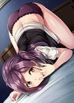  all_fours ass bed bed_sheet black_vest blouse brown_eyes fingernails hagikaze_(kantai_collection) highres jewelry kamelie kantai_collection long_hair looking_at_viewer one_side_up panties purple_hair purple_panties ring short_sleeves solo underwear vest wedding_band white_blouse 