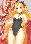  bare_legs bare_shoulders black_leotard blonde_hair breasts cape cowboy_shot detached_collar ereshkigal_(fate/grand_order) fate/grand_order fate_(series) fire highres leotard long_hair playboy_bunny_leotard red_cape red_eyes small_breasts solo strapless strapless_leotard tani_wataru tiara two_side_up 