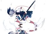  blue_eyes brown_footwear commentary_request grey_hair highres hitodama holding holding_sword holding_weapon ikurauni konpaku_youmu looking_down multicolored multicolored_clothes reflection short_hair short_sleeves solo sword touhou weapon white_background white_legwear white_skin 