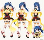  blue_eyes blue_hair breasts bridal_gauntlets chibi cleavage feet koihime_musou legs ponytail sandals shin_guards sword thighs toes underboob 