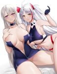  2girls absurdres antenna_hair arm_support armpits azur_lane bangs bare_shoulders black_collar black_gloves blush breasts cleavage clothing_cutout collar collarbone collared_shirt commentary commentary_typo cowboy_shot cropped_shirt dress enterprise_(azur_lane) enterprise_(wind_catcher)_(azur_lane) eyebrows_visible_through_hair gloves hair_between_eyes half_gloves halter_dress halterneck hand_on_own_chest headgear heart heart-shaped_pupils highleg highleg_panties highres hun_shang index_finger_raised large_breasts long_hair looking_at_viewer multicolored_hair multiple_girls navel official_alternate_costume on_bed panties parted_lips partially_unzipped prinz_eugen_(azur_lane) prinz_eugen_(final_lap)_(azur_lane) purple_dress purple_eyes purple_shirt race_queen red_hair red_panties shadow shirt short_dress sidelocks signature silver_hair simple_background sitting sitting_on_bed sleeveless sleeveless_shirt smile stomach streaked_hair swept_bangs symbol-shaped_pupils two_side_up underboob underboob_cutout underwear very_long_hair white_background white_hair yellow_eyes 
