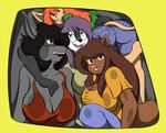  2016 anthro big_breasts black_hair black_nose breasts brown_eyes brown_fur brown_hair buckteeth butt cleavage clothed clothing cramped eyewear female fur glasses green_eyes grey_fur hair hi_res hybrid mammal mary_(sailoranna) mouse on_glass open_mouth open_smile orange_hair pink_nose procyonid purple_hair raccoon rayne_(sailoranna) rear_view rodent sailoranna skunk smile squirrel teeth tracy_(sailoranna) violet_(sailoranna) 