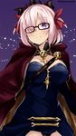  bangs banned_artist between_breasts black-framed_eyewear blue_dress breasts cape cleavage closed_mouth commentary_request cosplay detached_collar dress ereshkigal_(fate/grand_order) ereshkigal_(fate/grand_order)_(cosplay) eyebrows_visible_through_hair fate/grand_order fate_(series) glasses hair_over_one_eye hair_ribbon jewelry large_breasts long_sleeves looking_at_viewer mash_kyrielight necklace pink_hair purple_cape purple_eyes red_ribbon ribbon skull smile solo spine tasora tiara two_side_up 