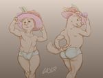  abs anthro bulge butt canine clothed clothing flower girly hat laserpaints looking_at_viewer male mammal muscular navel nipples plant shorts simple_background smile solo standing topless 