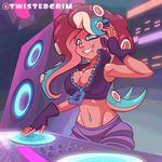  999 2017 animated beauty_mark better_version_at_source bouncing_breasts breasts cleavage clothed clothing dark_skin english_text female fingerless_gloves gloves hair headphones humanoid long_hair marina_(splatoon) navel nintendo not_furry octoling smile solo splatoon tentacle_hair tentacles text twistedgrimtv video_games 