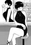  1girl alchohol alone bar bare_shoulder black black_dress black_eyes blush breasts chair commentary drinking female glass highres holding large_breasts monochrome necklace original panel short_hair sitting solo striped_dress thick_thighs thighs 