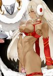  1girl afterimage altera_(fate) altera_the_santa animal_costume arm_support armpits bar_censor bare_shoulders black_background blonde_hair blush bottomless bouncing_breasts breasts breasts_outside censored choker dark_skin detached_sleeves earmuffs fate/grand_order fate_(series) forehead_protector from_side hetero hews_hack long_sleeves mask medium_breasts navel nipples open_mouth panties panties_around_one_leg parted_lips penis pussy red_choker red_eyes red_panties ribbon sex sheep sheep_costume short_hair simple_background smile solo_focus stomach straddling sweat thighs underwear vaginal veil white_ribbon 