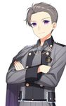 cape closed_mouth collared_shirt copyright_request crossed_arms grey_cape grey_neckwear grey_pants grey_shirt jenevan looking_at_viewer male_focus military military_uniform necktie pants purple_eyes shirt simple_background smile solo uniform upper_body white_background 